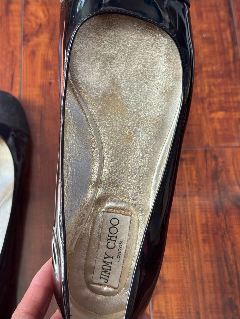 Jimmy Choo Black Patent Flats with Glitter Cap Toe - Picture 9 of 10